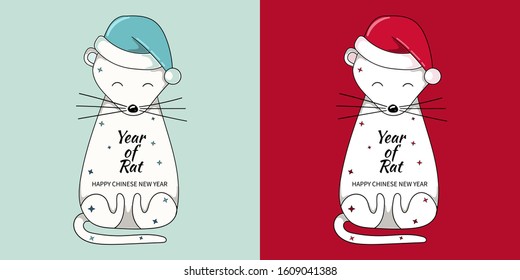 Chinese New Year of Rat greeting card in red and blue colors. Lunar New Year. Year of the Mouse. Vector stock illustration.