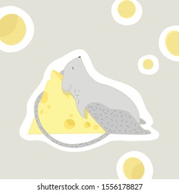 Chinese New Year of the rat. The mouse is sleeping with cheese. Pets. 
Sticker cute rodent. 
