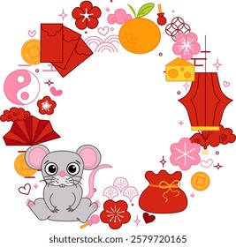 Chinese New year of rat mouse 2032 vector graphic line round circle frame. style banner frame scroll board decoration. Chinese lunar new year, lantern festival mascot