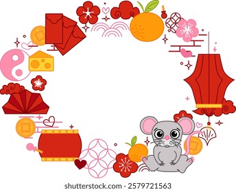 Chinese new year of rat mouse 2032 vector oval frame template for your text. CNY lunar  lantern festival related objects vector graphic illustration

