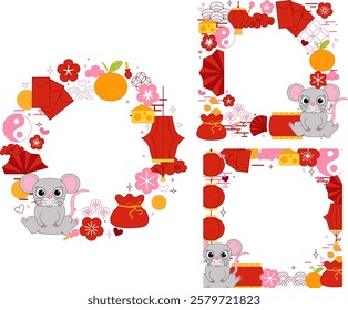 Chinese New year of rat mouse 2032 vector graphic line round circle frame set. style banner frame scroll board decoration on transparent background CNY lunar  lantern festival 