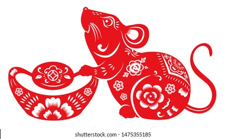 Chinese New Year Rat Paper Cut. Year Of Rat. Ingot. Chinese Oriental Papercut. 