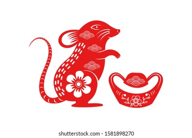 
Chinese New Year Rat Paper cut. Year of rat. Ingot. Chinese Oriental Paper cut.