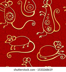 Chinese New Year of the rat seamless pattern with red watercolor mouse animals, gold asian culture icons and hand drawn doodles. Traditional lunar festival holiday background.