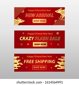 Chinese New Year, Year of the Rat. Set of three horizontal banners. 2020 New Year. Chinese Elements. Gold and Gradient Red Background. Vector illustration.