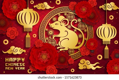 Chinese New Year rat vector greeting card. Lunar New Year and animal zodiac symbol of gold mouse, red papercut with blooming flowers, paper lanterns and golden coins, Asian floral pattern and clouds