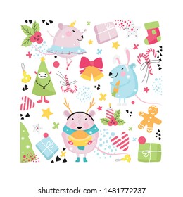 Chinese New Year of Rats 2020.  A set of thematic illustrations for New Year and Christmas. Flat vector illustration