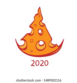 Chinese new year Rats, stylized Christmas tree in the form of a slice of cheese, hand-drawn. Vector illustration.