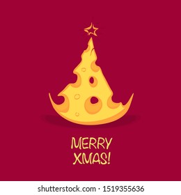 Chinese new year Rats, stylized Christmas tree in the form of a slice of cheese, hand-drawn. Vector illustration.