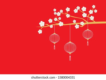 Chinese new year red background with lanterns and blossom branch. vector