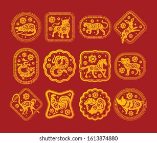 Chinese new year red background with twenty cards of gold zodiac animals vector illustration 