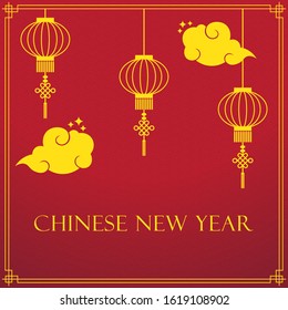 Chinese New Year red background with gold lanterns and clouds, traditional greeting card, flat design vector illustration