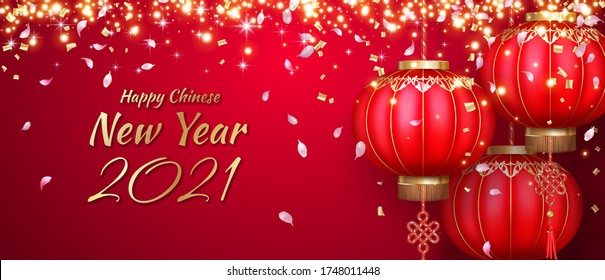Chinese New year red background with Chinese lanterns. Hanging silk lanterns, flying petals and glitter confetti