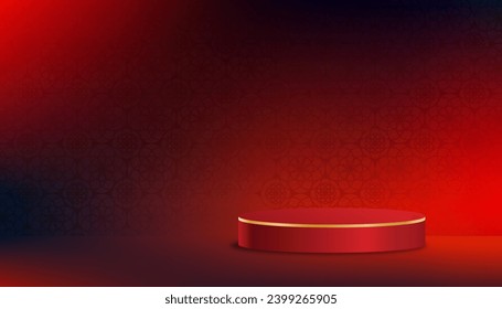 Chinese New Year Red Background 3d Studio room with shelf on red lunar wallpaper background,Vector minimal design Mid Autumn Festival with Asian Art Style for backdrop shooting, product presentation