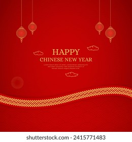 Chinese New Year Red Background Design With Chinese Border Pattern and Lanterns