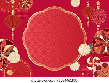 Chinese New Year red background for website, packaging, wallpaper, banner, ads. Japanese and Chinese flower design with paper fans and lanterns.