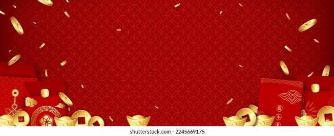 Chinese new year red banner background with oriental style decoration elements at corners