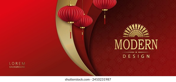 Chinese New Year, Red design with curved curtains, paper art style Asian lanterns.