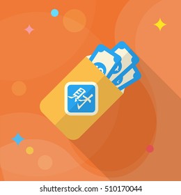 Chinese New Year red envelop icon, Vector flat long shadow design. Chinese festival couplets with gold ingot means " wish fortune come"