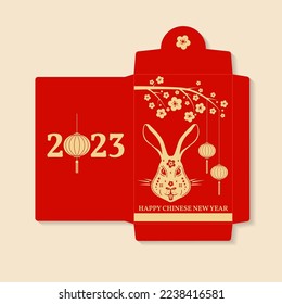 Chinese New Year red envelope flat icon. Vector illustration. Red packet with gold rabbit and lanterns. Chinese New Year 2023 year of the rabbit .