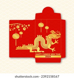 Chinese New Year red envelope flat icon. Vector illustration. Red packet with gold dragon and lanterns. Chinese New Year 2024 year of the dragon.