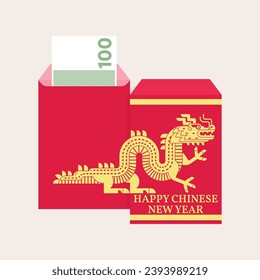 Sobre rojo chino de Año Nuevo con silueta de dragón. Ilustración vectorial. Sobre rojo con linternas de oro. Signo de dragón Año Nuevo Chino 2024