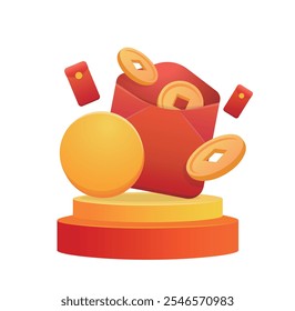 Chinese New Year, red envelope filled with gold coins on podium, shopping advertisement