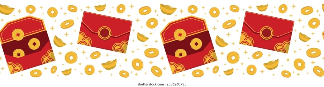 Chinese New Year red envelope and gold coins seamless pattern. Red seamless background with gold Chinese coins. Vector banner for Chinese New Year