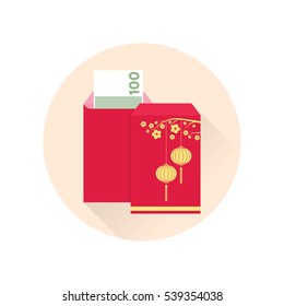 Chinese New Year red envelope flat icon. Vector illustration. Red packet with gold lanterns. Chinese new year design elements. For web design and application interface, also useful for infographics.