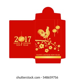 Chinese New Year red envelope flat icon. Vector illustration. Red packet with gold lanterns and rooster.