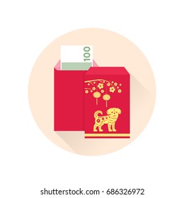 Chinese New Year red envelope flat icon. Vector illustration. Red packet with gold lanterns. Chinese new year design elements.