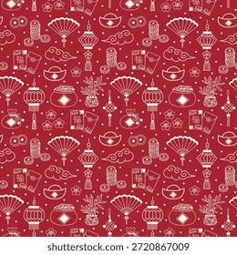 Chinesische Silvester rote Umschläge mit dem chinesischen Zeichen "Fu", was Glück oder Glück bedeutet, Glücksbringer und verheißungsvolle Elemente Linie Kunst auf roten Vektor nahtloses Muster Design
