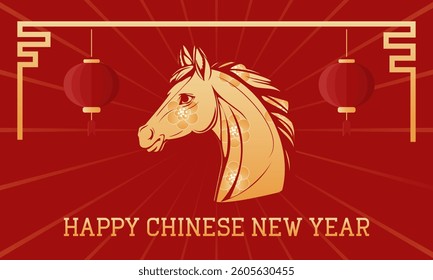 Chinese New Year, Red Fire Horse, Gold, Symbol, 2026, Silhouette, Flowers, Lanterns, Numbers, Animal. Vector Illustration