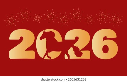 Chinese New Year, Red Fire Horse, Gold, Symbol, 2026, Silhouette, Fireworks, Numbers, Animal. Vector Illustration