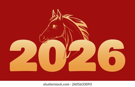 Chinese New Year Red Fire Horse Gold Symbol 2026 Animal Vector Illustration