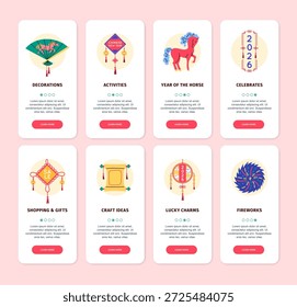 Chinese New Year Red Fire Horse App Screens Cards Set. Vector illustration of Card