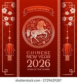 Chinese New Year of the Year of the red fire horse. banner with gold Antique pattern, Asian style. A representation of the Zodiac Emblem for poster, flyer, advertising.