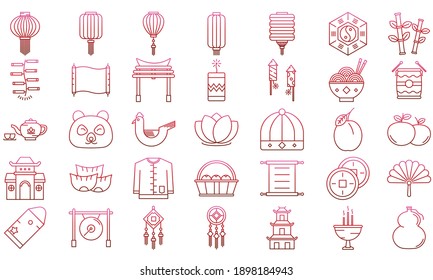 Chinese new year red gradations outline traditional icon set. Included as firecracker, temple, plum, fan, noodle, lantern, lamp and more, vector eps 10.