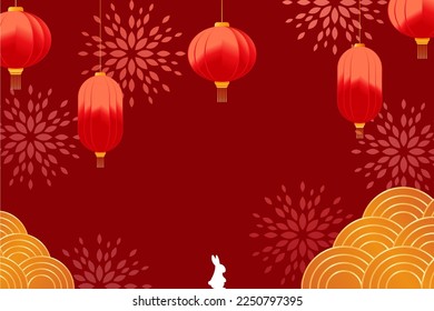 Chinese new year of the red lantern and gold flower and asian elements paper cut with craft style on background