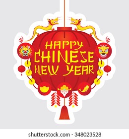 Chinese New Year, Red Lantern Decoration Label, Traditional Celebration
