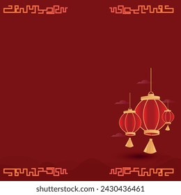 Chinese new year red pocket design. Chinese new year celebration banner. Red envelope design template. Happy Chinese new year banner with text space in maroon red colour and Chinese hanging lanterns. 