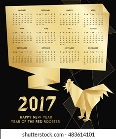 Chinese New Year of the red Rooster 2017 Calendar. Elegant festival vector Illustration of cock in origami geometric trendy style. Design template