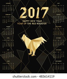 Chinese New Year of the red Rooster 2017 Calendar. Elegant festival vector Illustration of cock in origami geometric trendy style. Design template