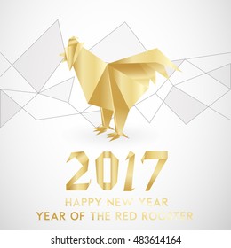 Chinese New Year of the red Rooster 2017. Celebration greeting card, placard, banner, poster, flyer template. Elegant festival vector Illustration of cock in origami geometric trendy style