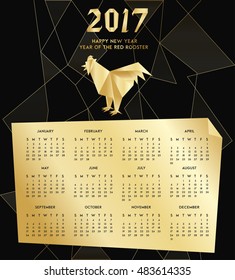 Chinese New Year of the red Rooster 2017 Calendar. Elegant festival vector Illustration of cock in origami geometric trendy style. Design template