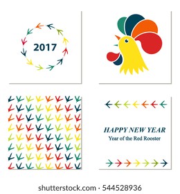 Chinese New Year red rooster. Pattern with chicken paw prints. Greeting card.