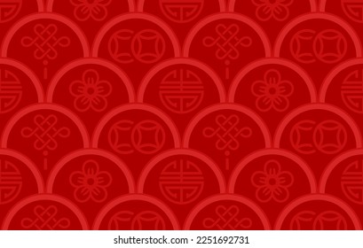 Chinese new year red seamless pattern. Oriental traditional background. Greeting card ornament. Asia lucky charm: knot, flower, coins. Red packet elements and texture.