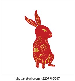 Chinese New Year Red Zodiac Rabbit With Gold Gradient Floral Ornament