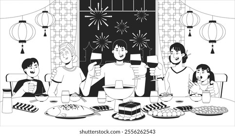 Chinese New Year reunion dinner black and white line illustration. Asian family eating. Relatives toasting celebrating 2D characters monochrome background. Spring festival at home outline vector image