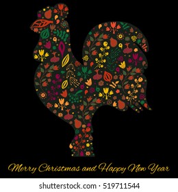 Chinese New Year of the rooster, 2017. Colorful poster of a rooster isolated on black background. Good for prints, covers, posters, cards, gift design. Floral design, doodle